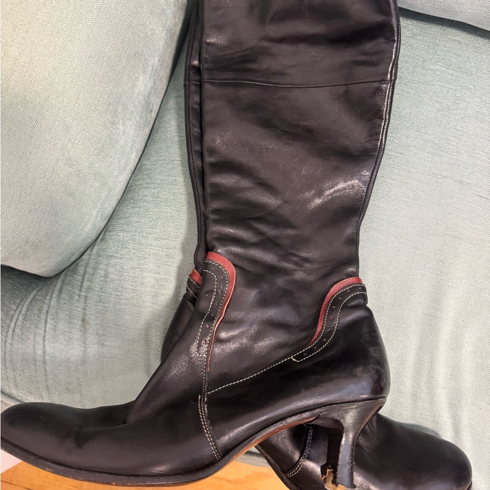italian leather Black Leather Knee-High Boots with Red Accents - Picture 2 of 5